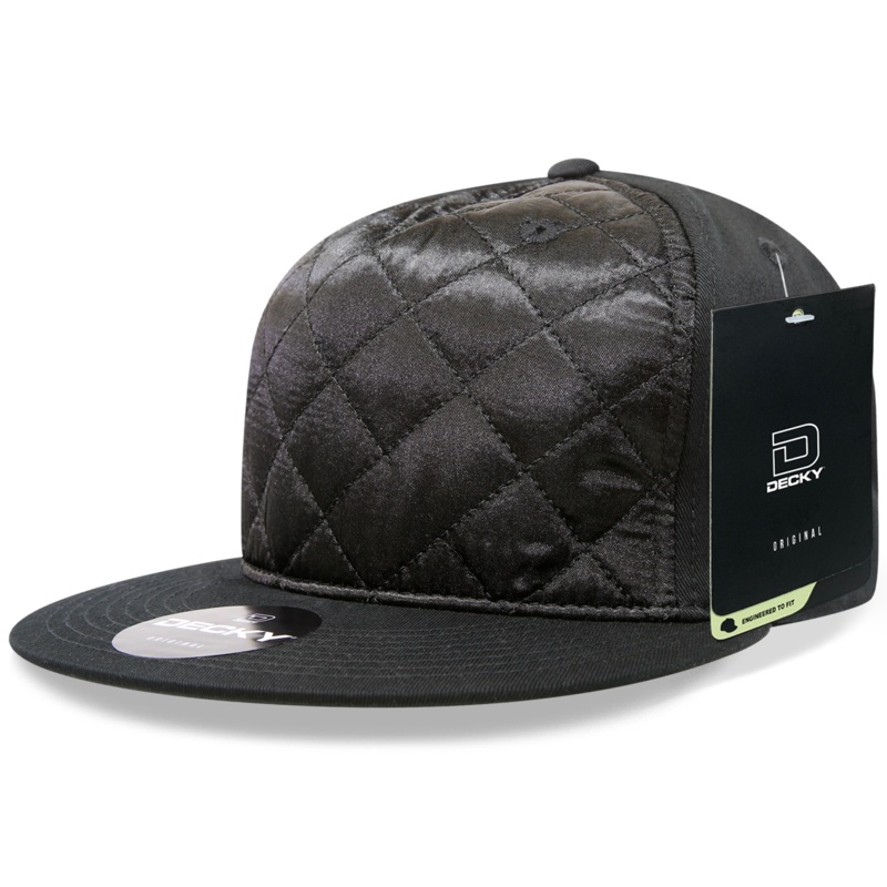 Decky 1073 5 Panel Quilted Snapback Hat, Structured Flat Bill Cap Black