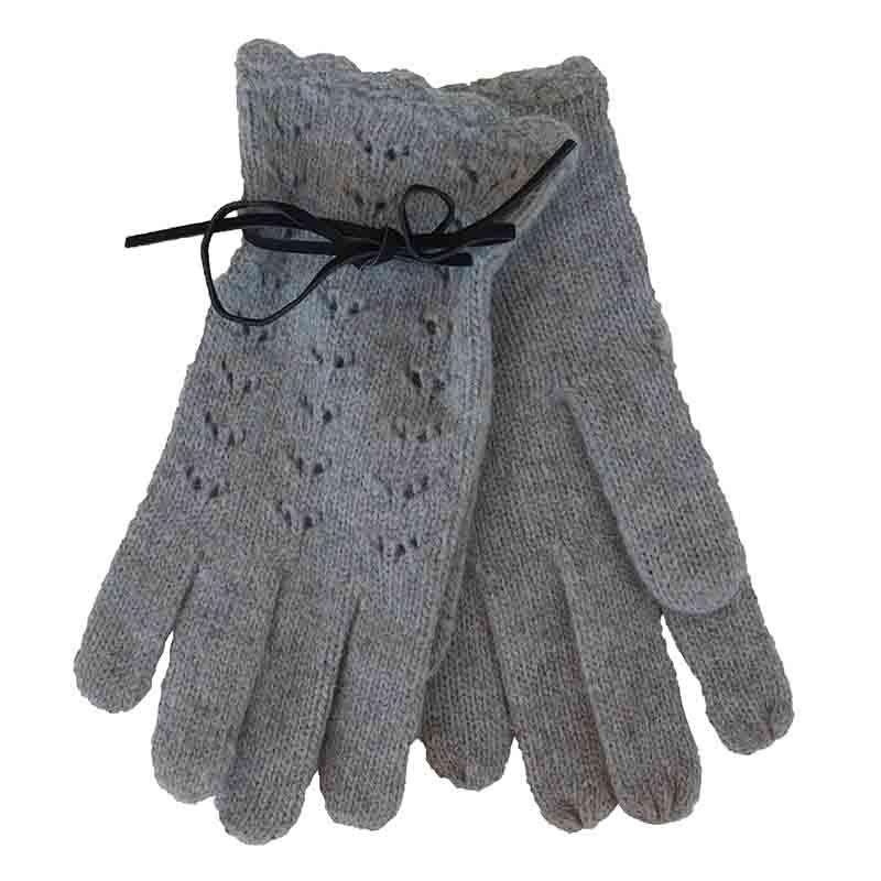 Grey Knit Gloves with Suede Tie by JSA – Small Light Grey