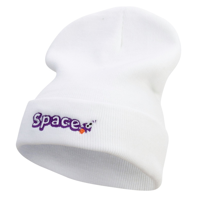 Space Rocketship Embroidered 12 Inch Long Knitted Beanie White One Size