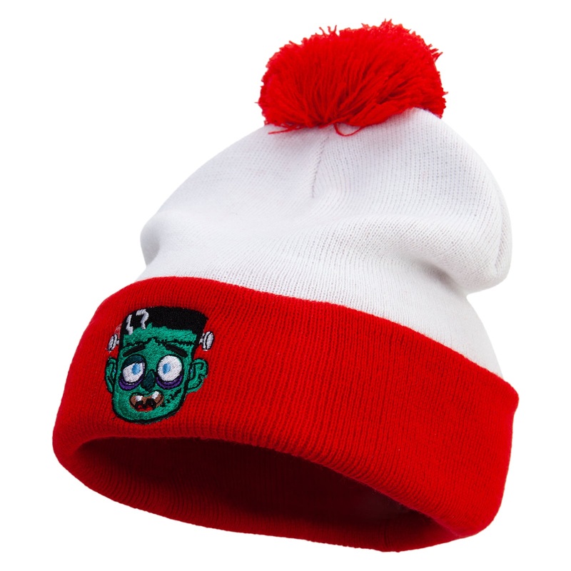 Cartoon Style Frankenstein Logo Embroidered Red White Long Beanie Red White One Size