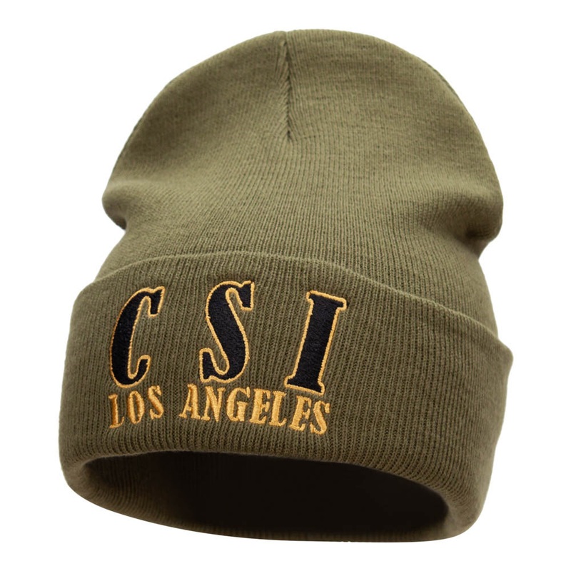 CSI Los Angeles Embroidered 12 Inch Long Knitted Beanie Olive One Size