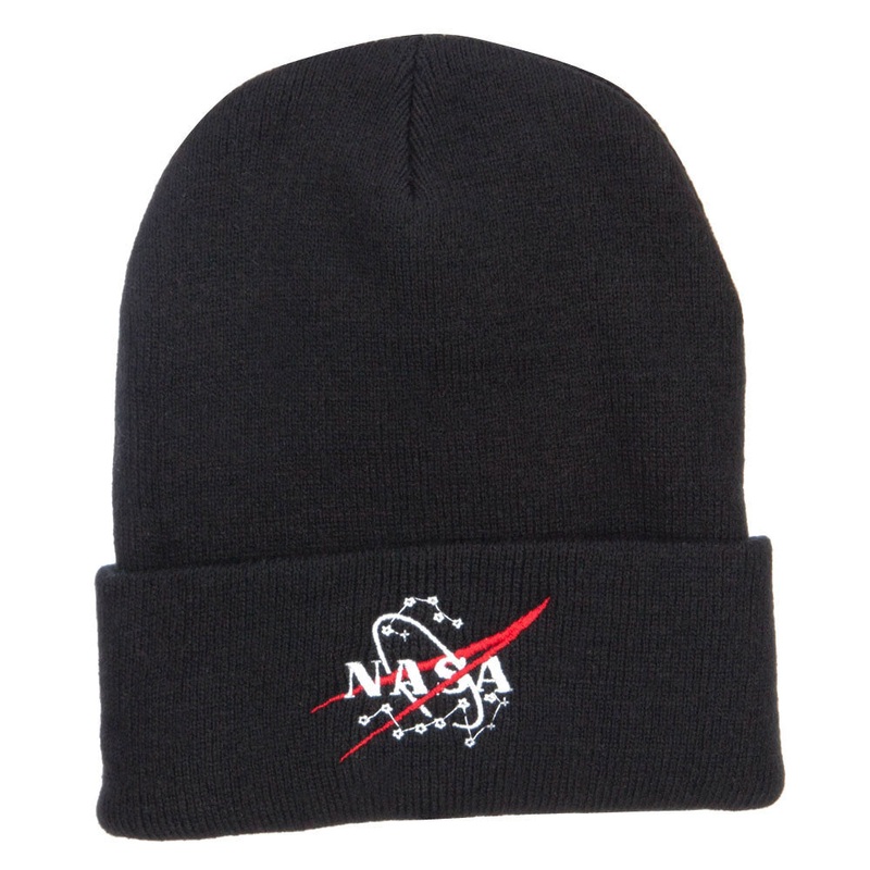 NASA Logo Embroidered Long Beanie Black One Size