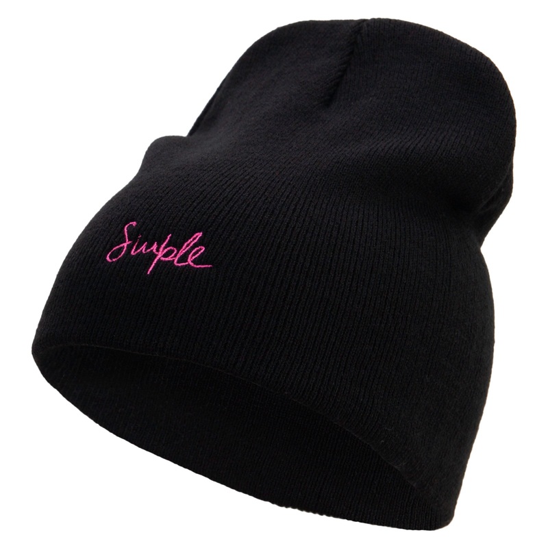 Simple Embroidered 8 inch Knitted Short Beanie Black One Size
