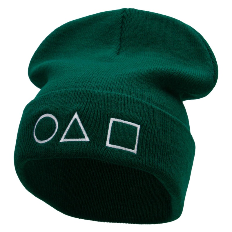 Circle Triangle Square Game Embroidered 12 Inch Long Knitted Beanie Dk Green One Size