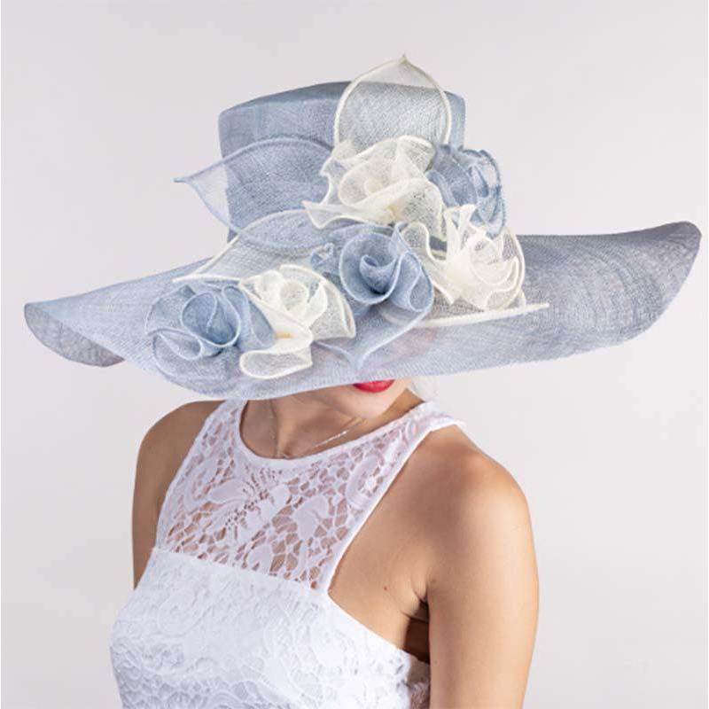 Flower String Wide Brim Blue and Ivory Sinamay Dress Hat – KaKyCO Blue and Ivory