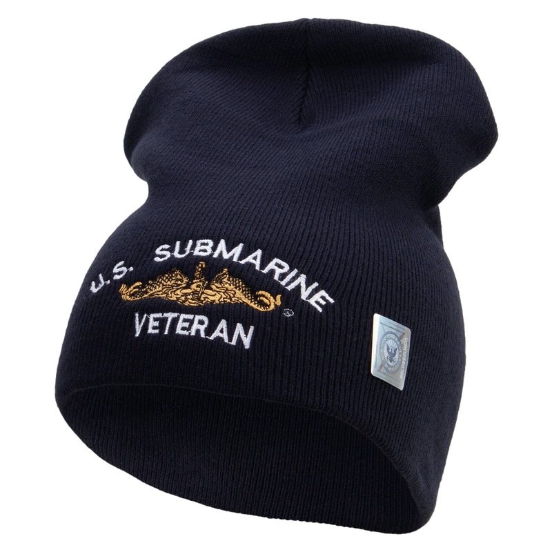 Made in USA Golden Dolphin US Submarine Veteran Symbol Embroidered 8 Inch Solid Knit Short Beanie Navy One Size