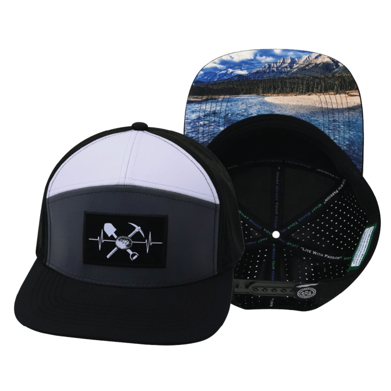 Prospecting Hat – Flat Bill – Black / Charcoal / White – Laser Mesh
