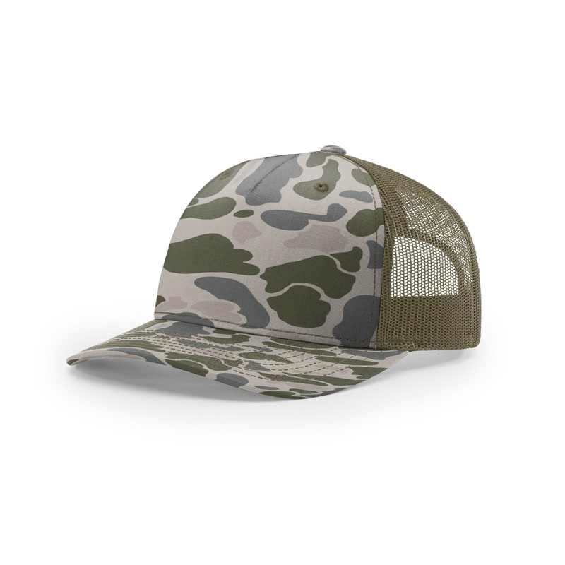 Richardson 112PFP Printed Five Panel Trucker – Duck Camo Colors Admiral Duck Camo/Black