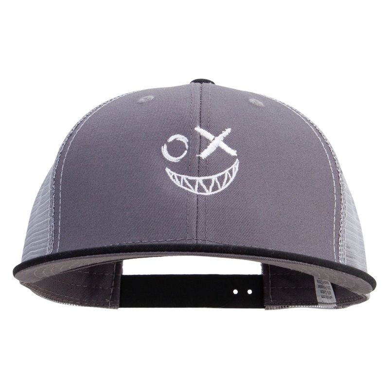 Smiling Face Embroidered Big Size Premium Flat Bill Trucker Cap Black Charcoal XL-3XL