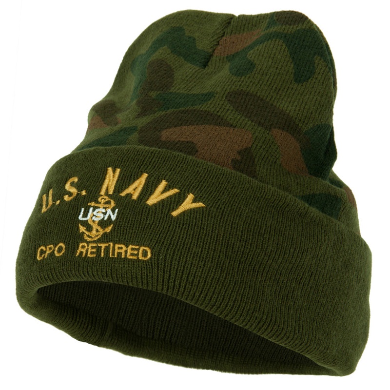 US Navy CPO Retired Military Embroidered Camo Long Beanie Green One Size
