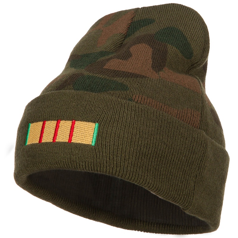 Vietnam Campaign Ribbon Embroidered Camo Long Beanie Green One Size