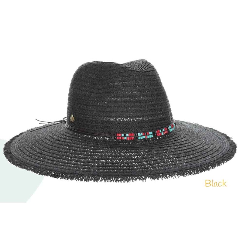 Wide Brim Safari Hat with Colorful Beaded Band – Cappelli Straworld Black Medium (57 cm)