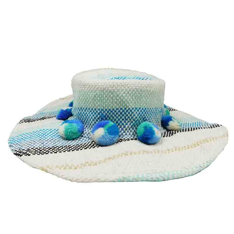 Basketweave Bohemian Hat with Large Pom Poms  – America and Beyond Blue OS