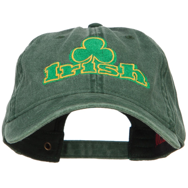 Irish and Shamrock Outline Embroidered Washed Cotton Cap Dk Green One Size
