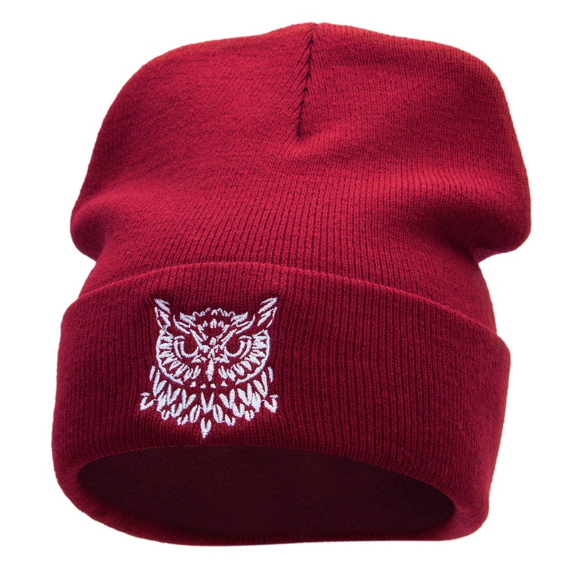 Owl Embroidered 12 Inch Long Knitted Beanie Maroon One Size