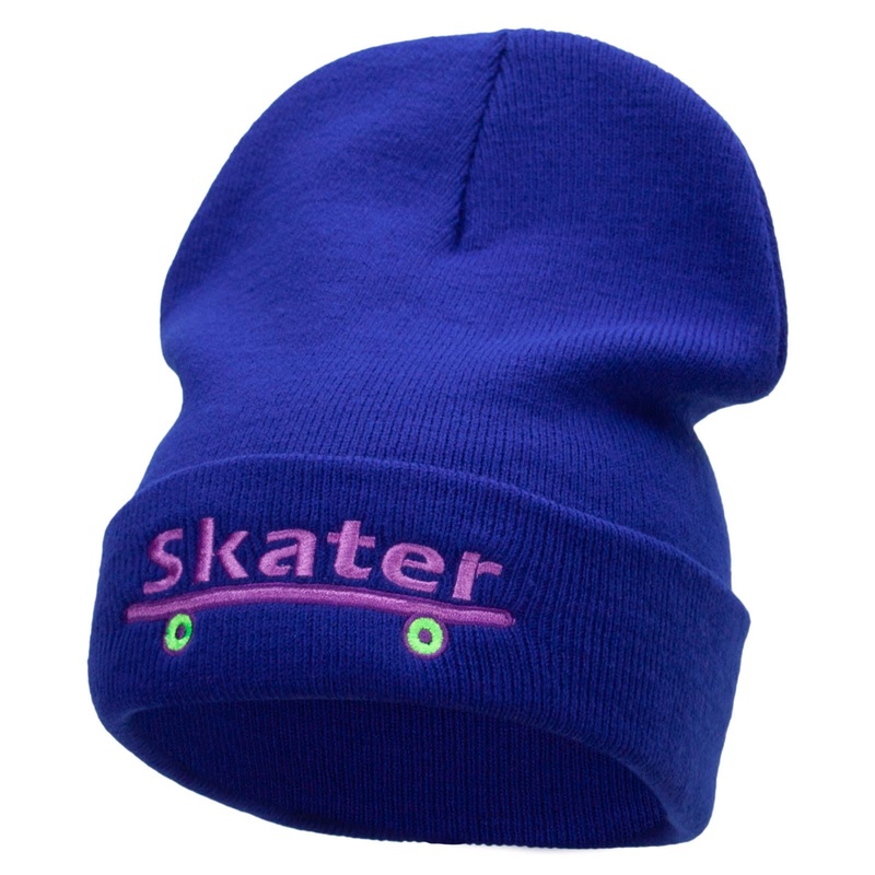 Skater Embroidered 12 Inch Long Knitted Beanie Royal One Size