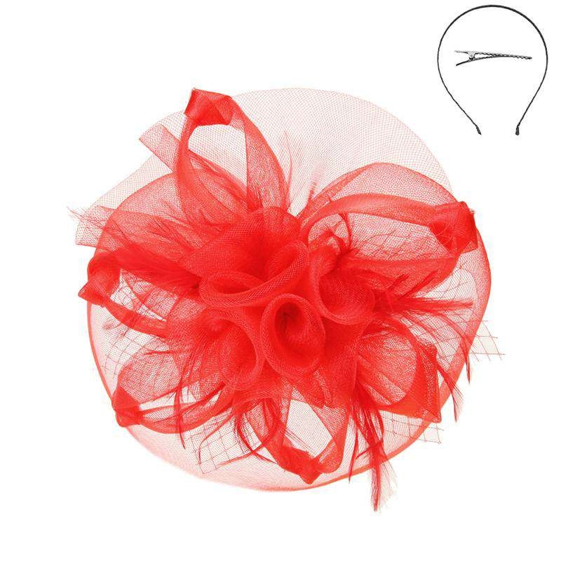 Twisted Mesh Fascinator with Triple Flower Center – Sophia Red