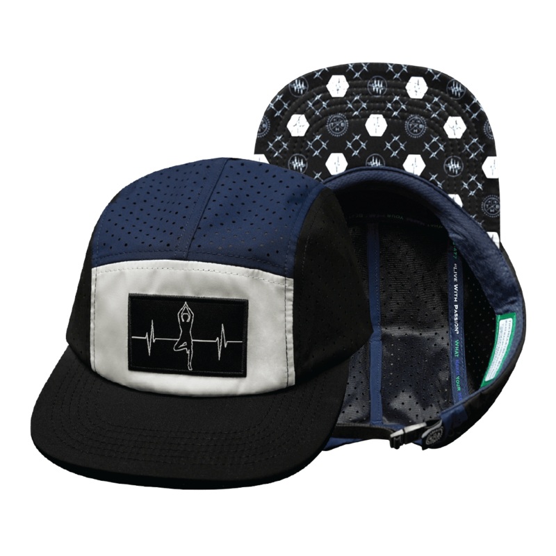 Yoga Hat – 5 Panel – Ponytail – Black / White / Navy – Laser Mesh