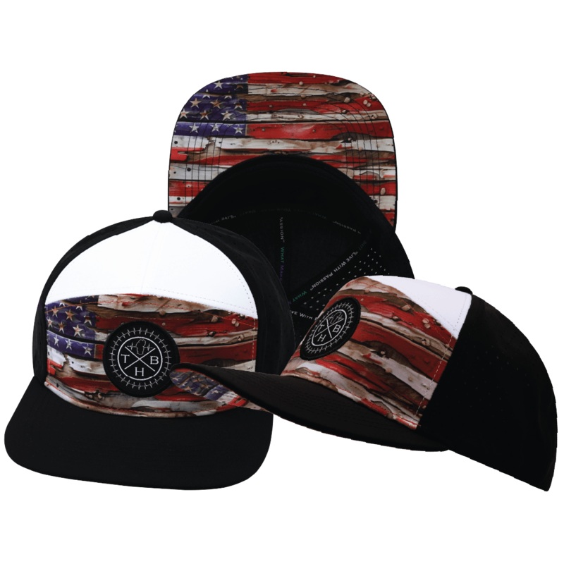 **YOUTH** Color Vibes Hat – Flat Bill – Vintage Flag – Black / White – Laser Mesh