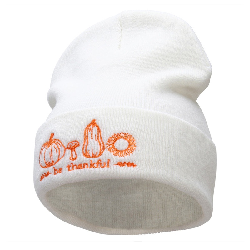 Be Thankful Embroidered Knitted Long Beanie White One Size