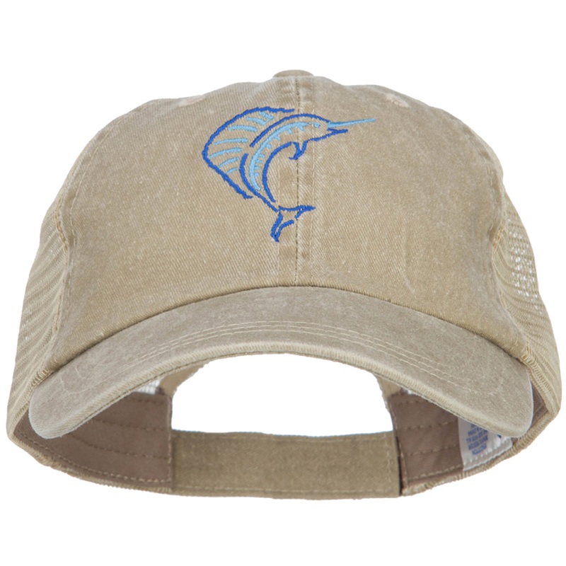 Blue Marlin Outline Embroidered Washed Trucker Cap Khaki Khaki One Size