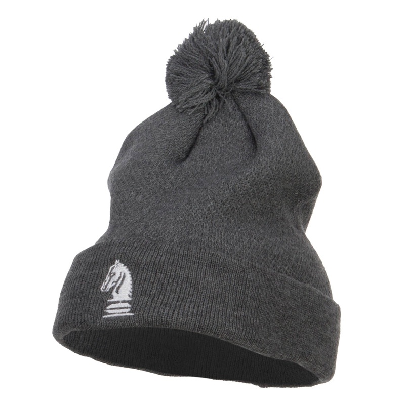 Chess Piece Knight Embroidered Pom Beanie Dk Grey One Size