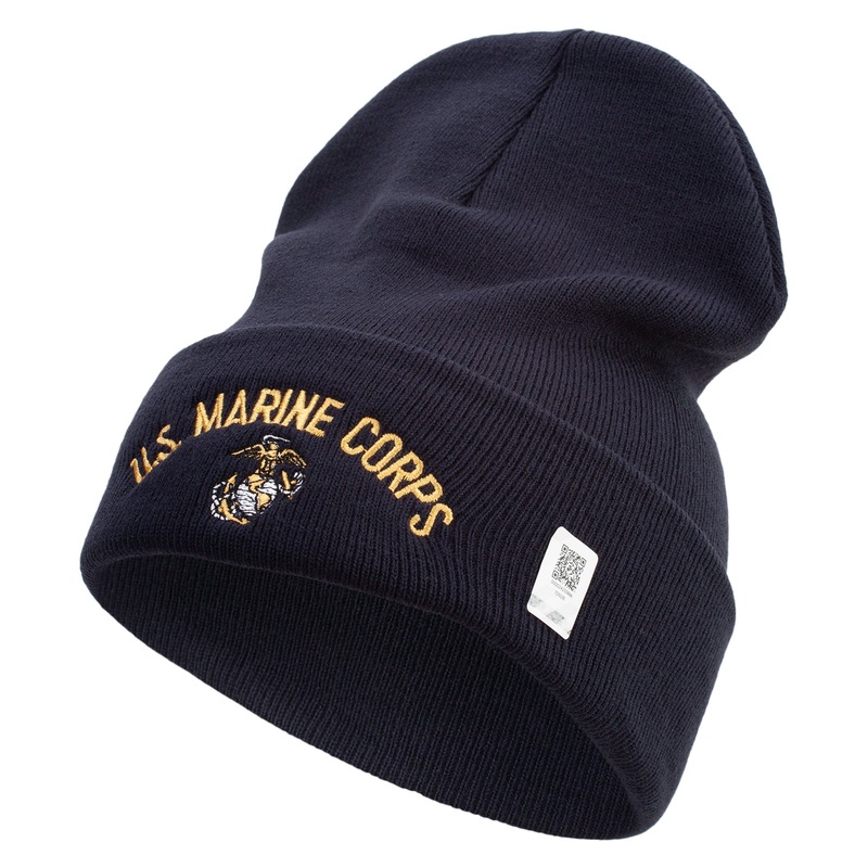 US Marine Corps Embroidered 12 Inch Solid Knit Cuff Long Beanie Made in USA Navy One Size