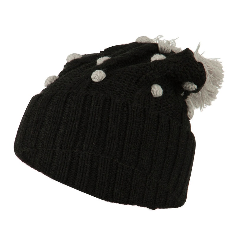 Cable Polka Dot Pom Cuff Beanie White One Size