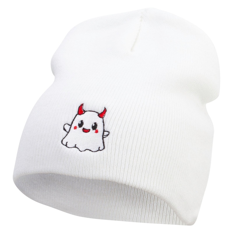 Cute Devil Ghost Embroidered 8 Inch Knitted Short Beanie White One Size
