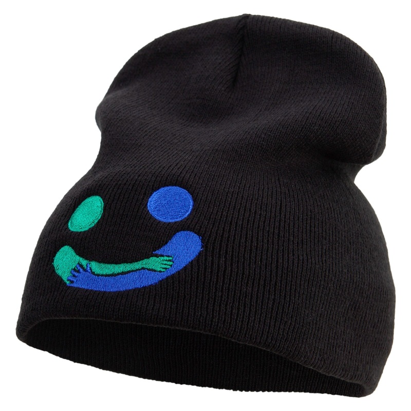 Holding Each Other with Smile Embroidered 8 inch Acrylic Short Beanie Black One Size