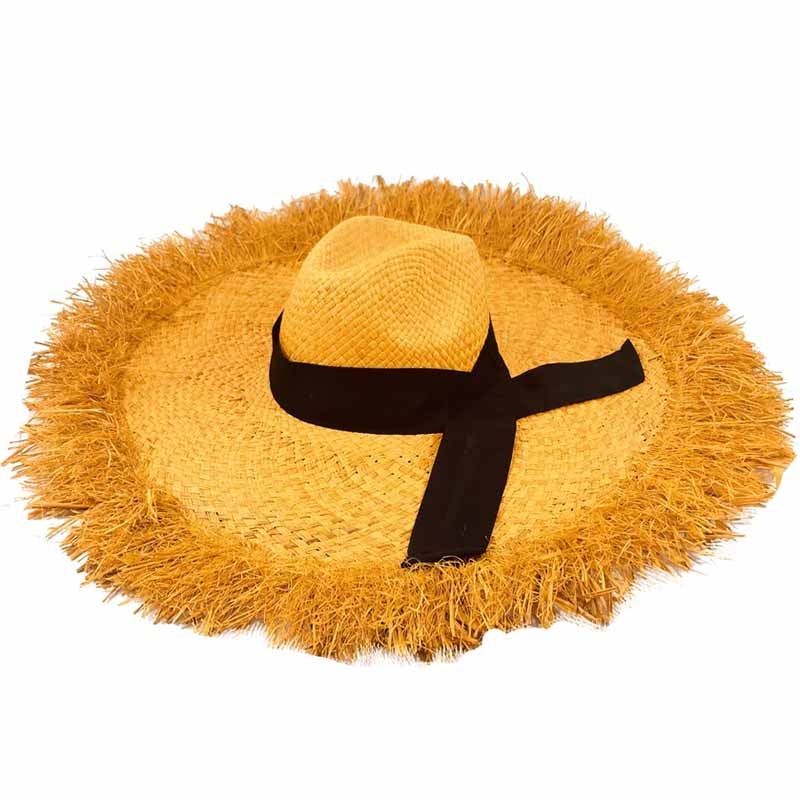 Madagascar Raffia Extra Large Frayed Brim Safari Style Beach Hat Saffron