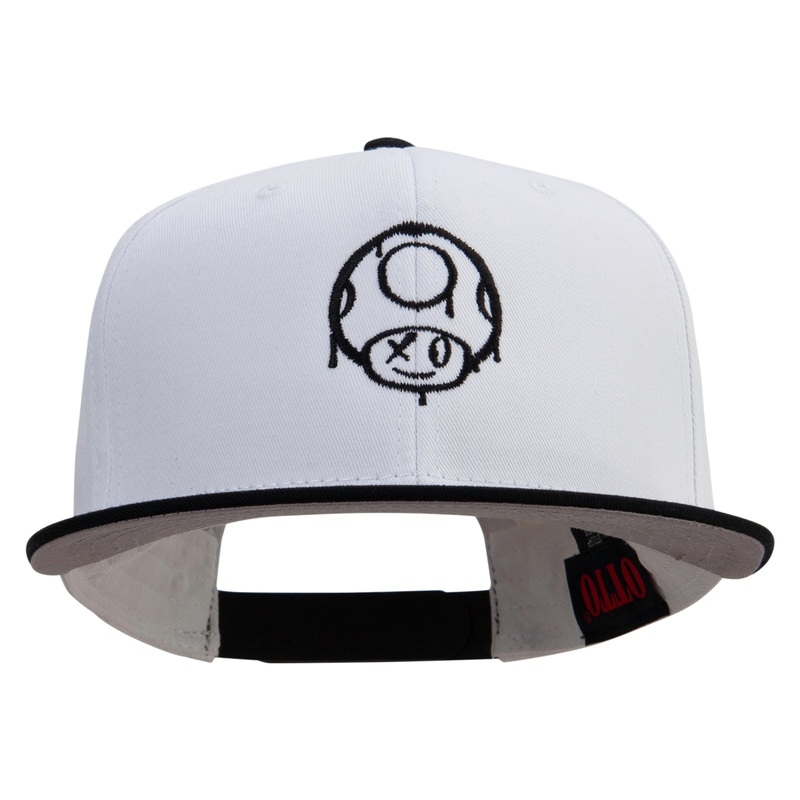 Mario Mushroom Paint Logo Embroidered Two Tone Superior Cotton Twill Flat Bill Snapback Cap Black White One Size