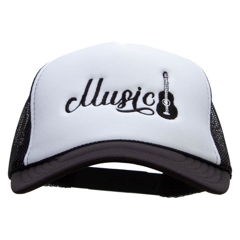 Music Guitar Embroidered Foam Panel Mesh Snapback Cap Black White One Size