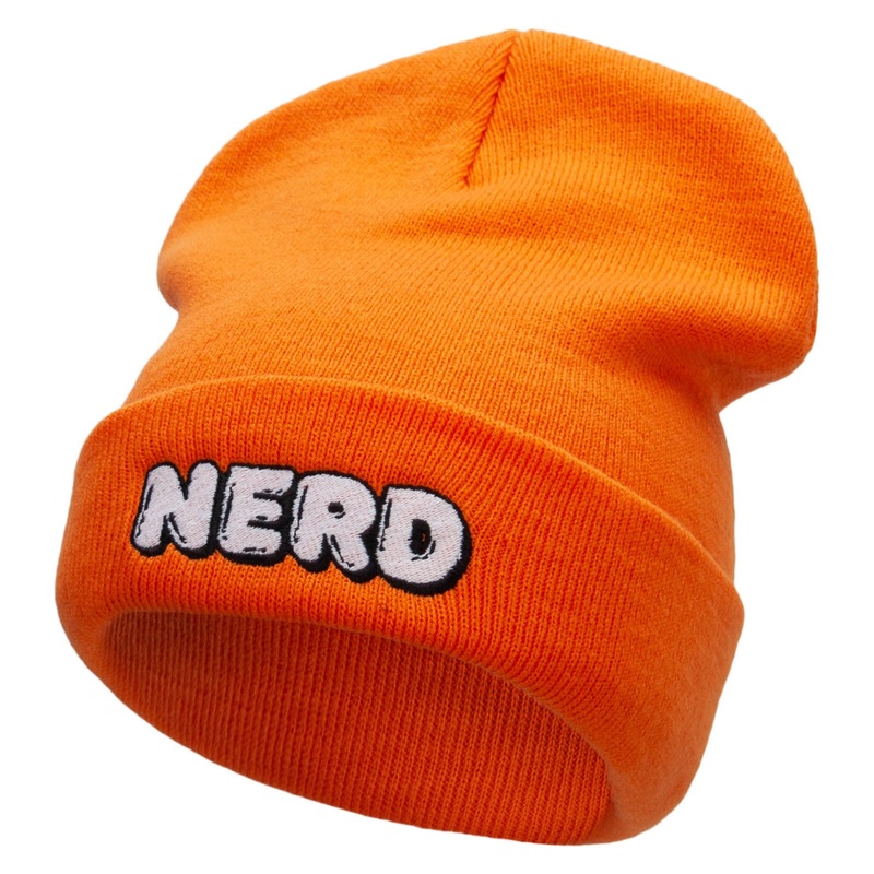 Nerd Embroidered 12 Inch Long Knitted Beanie Orange One Size