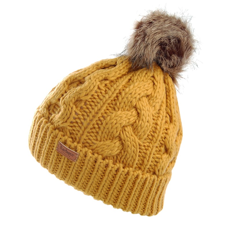 Barbour Hats Penshaw Cable Knit Faux Fur Pom Bobble Hat – Mustard 1-Size