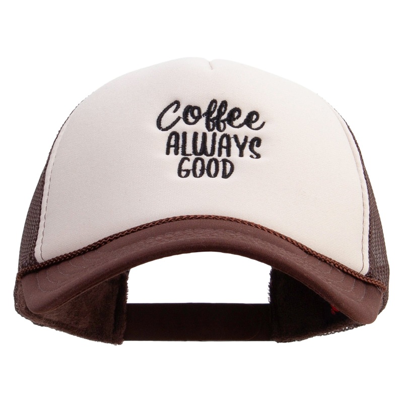 Coffee Phrase Embroidered Two Tone Polyester 5 Panel Foam Front Mesh Back Cap Brown Tan One Size