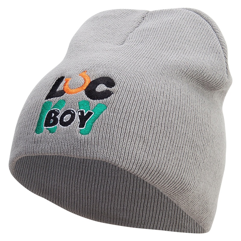 Lucky Boy Embroidered 8 inch Acrylic Short Blank Beanie Grey One Size