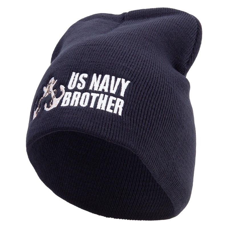 Made in USA Proud Brother Navy Veteran Embroidered 8 Inch Solid Knit Short Beanie Black One Size