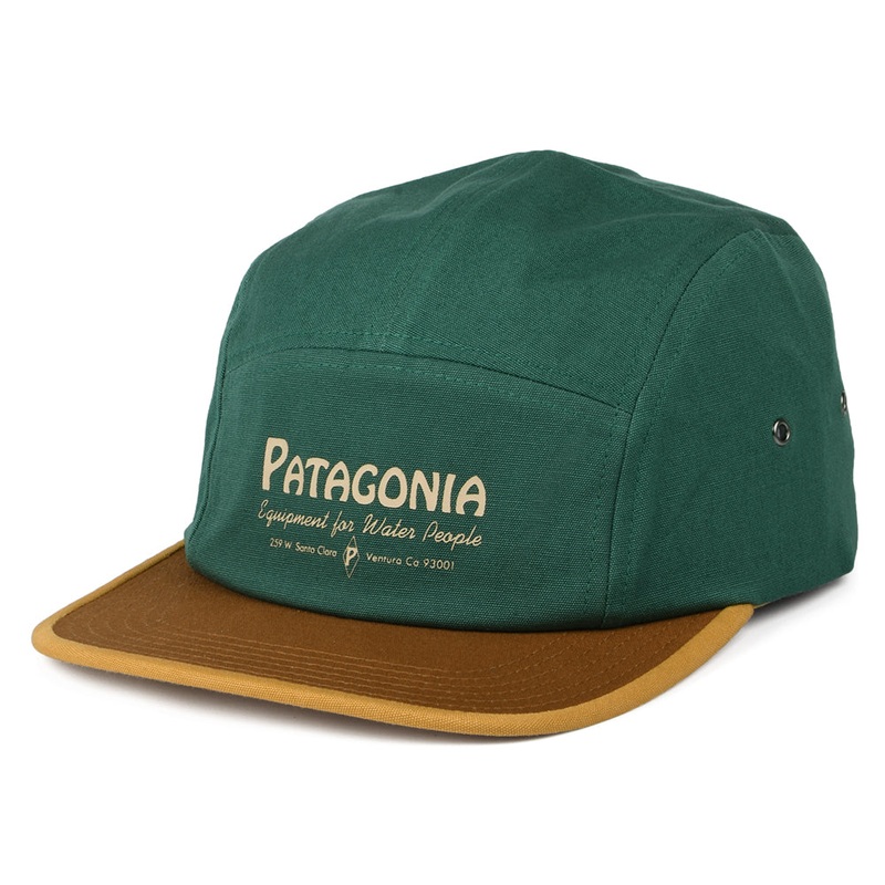 Patagonia Hats Water People Banner Graphic Maclure Organic Cotton 5 Panel Cap – Green-Mustard Adjustable