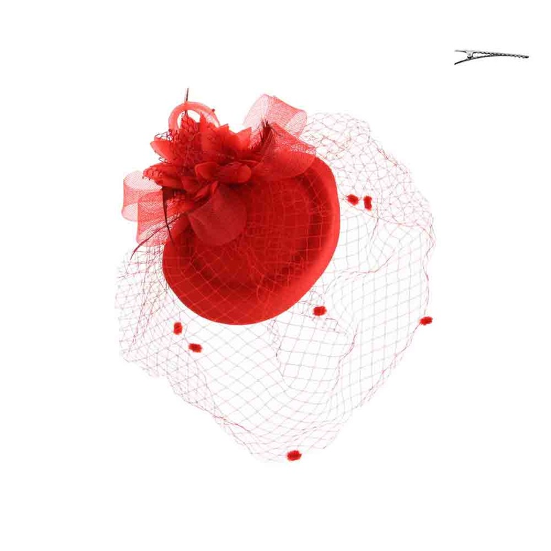 Pillbox Fascinator Cocktail Hat with Dotted Netting Veil – Something Special Red