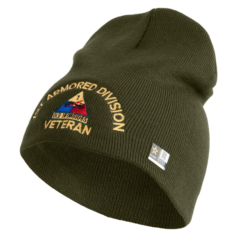 U.S. Army 1st Armored Division  Symbol Embroidered 8 Inch Solid Knit Short Beanie Made in USA Olive One Size