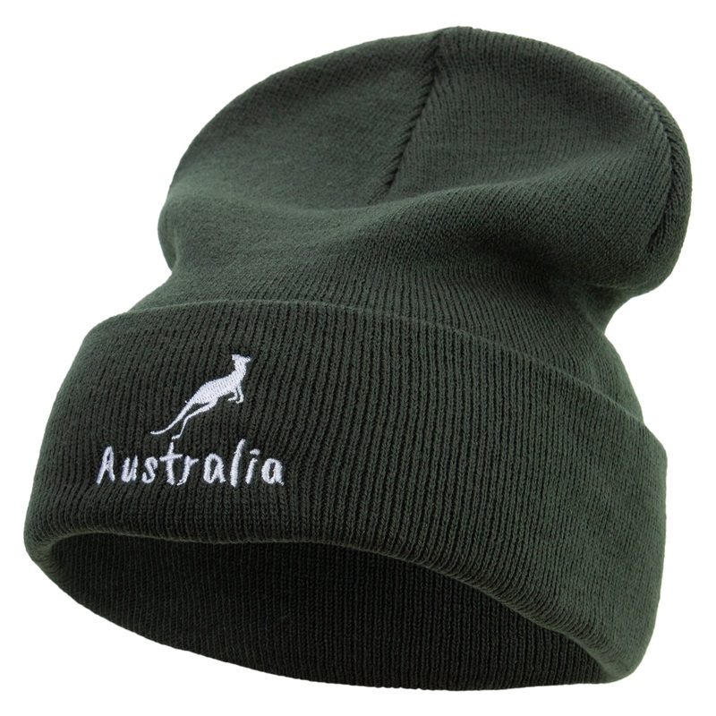 White Kangaroo Embroidered 12 Inch Long Knitted Beanie Olive One Size