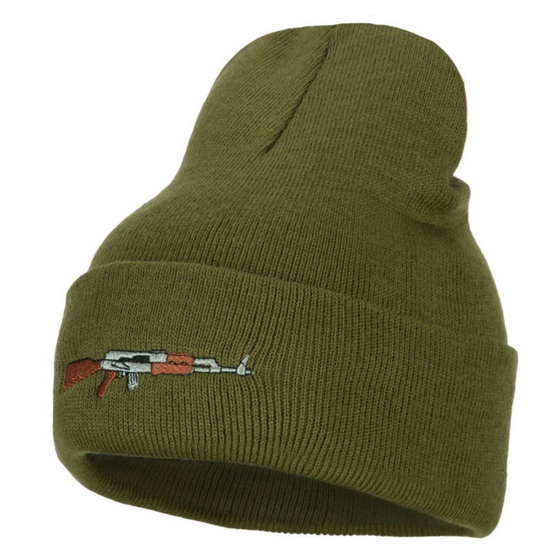 AK-47 Rifle Embroidered Long Knitted Beanie Olive One Size