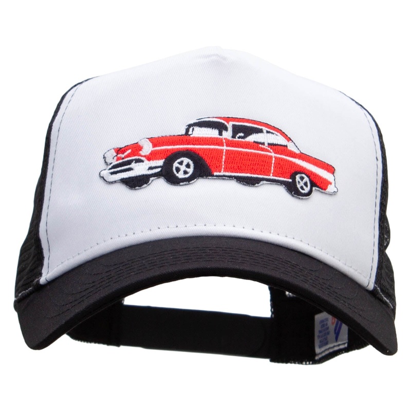 Cars-Red 57 Cherry Patched 5 Panel High Profile Poly Cotton Twill Mesh Trucker Cap White Black One Size