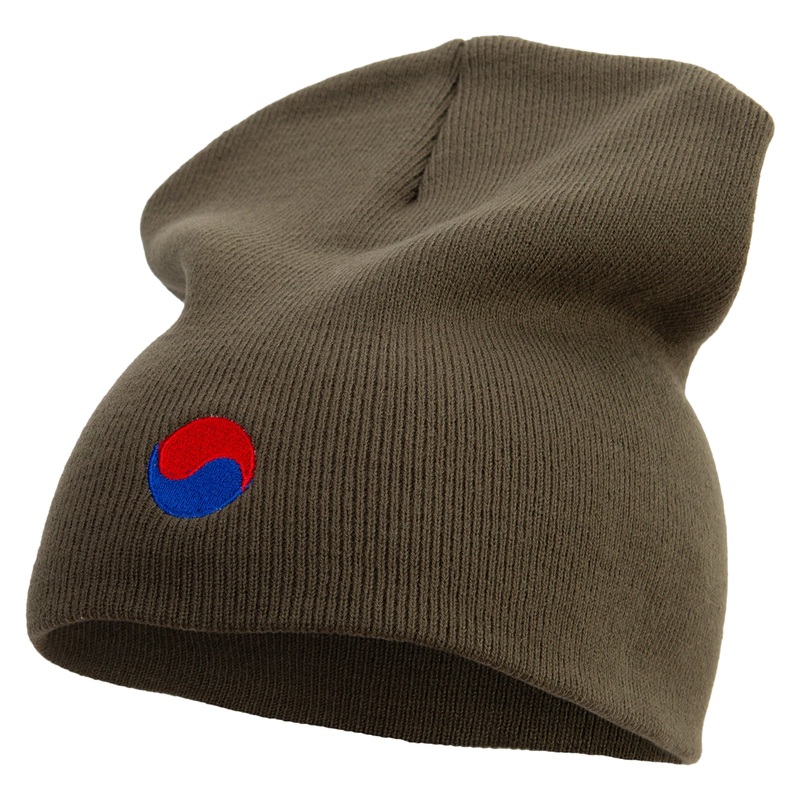 Made in USA Ying Yang Sign Embroidered 8 Inch Short Beanie Olive One Size