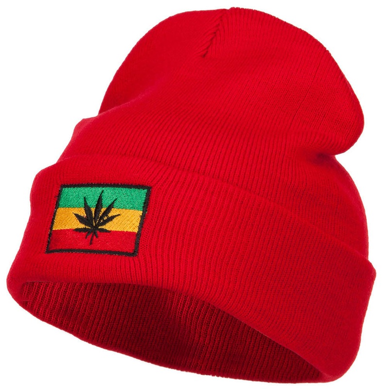 Rasta Leaf Flag Embroidered Long Beanie Red One Size