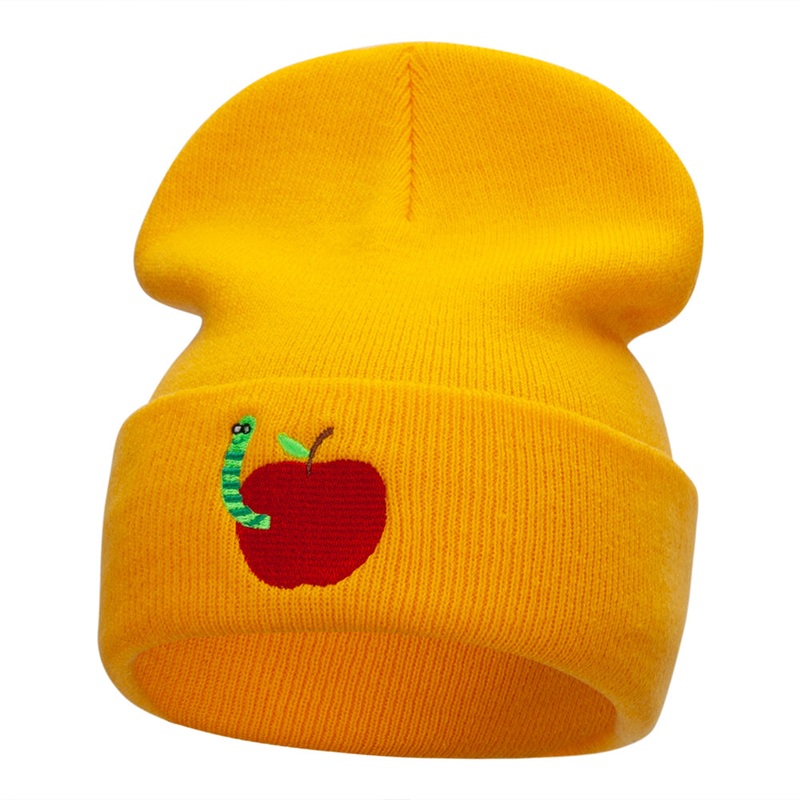School Worm Apple Embroidered Long Knitted Beanie Yellow One Size