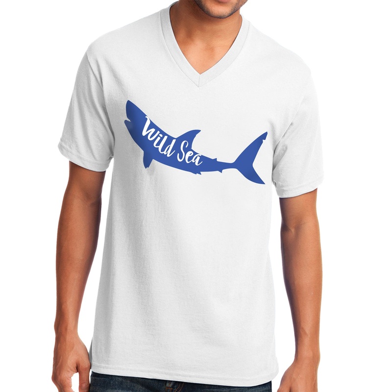 Shark In Wild Sea Graphic Design Men’s Big Size Core Cotton V-Neck T-Shirt White XS