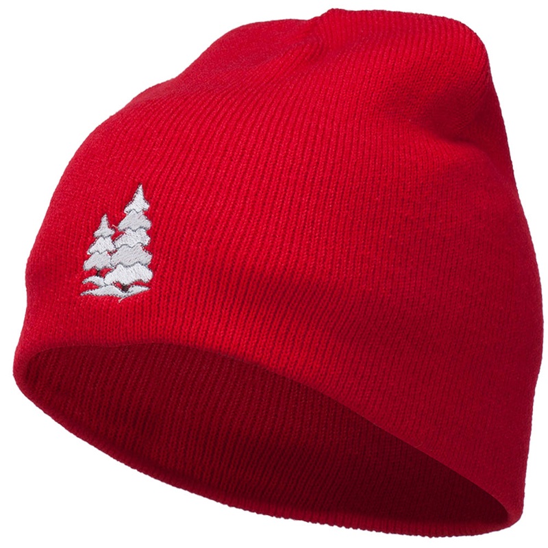 Christmas Snow Trees Embroidered Short Beanie Red One Size