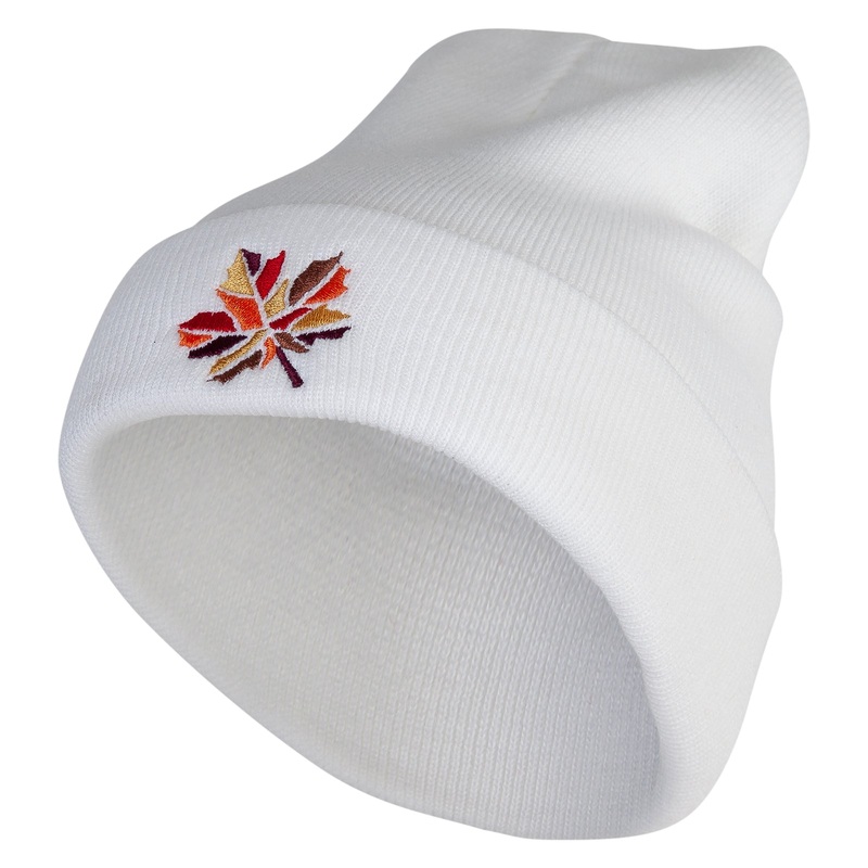 Colorful Fall Leaf Embroidered 12 Inch Long Knitted Beanie White One Size